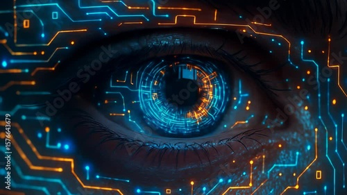 Human Eye with Glowing Circuit Board Design Close Up