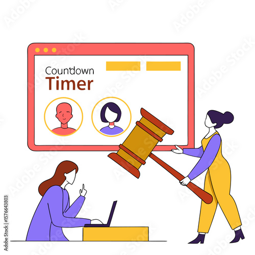 Two women interact with a digital countdown timer displayed on a screen one operating a laptop and the other holding a gavel symbolizing online auctions or time sensitive decisions