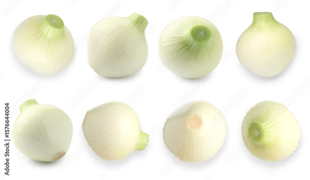 Fototapeta premium Fresh ripe onions on white background, collage