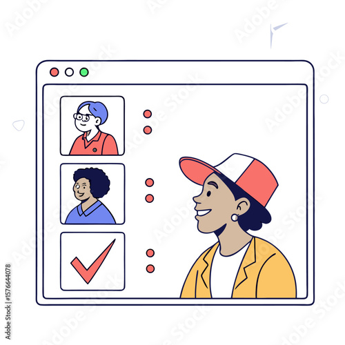 Diverse team members are listed on a digital interface with a smiling woman wearing a cap looking at the screen representing selection or approval