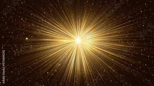 Golden radial light burst with sparkling dust particles against a dark background