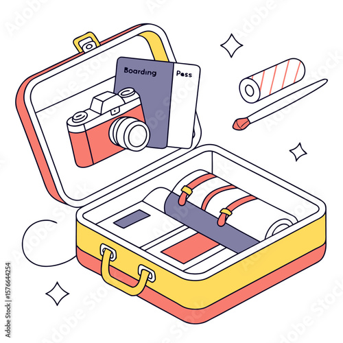 Open travel suitcase packed with essentials including a camera passport boarding pass rolled clothes and a makeup brush for an upcoming vacation adventure