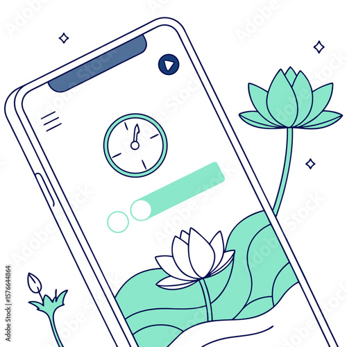Modern minimalist illustration of a smartphone displaying a calming meditation app with a clock and lotus flowers symbolizing tranquility and mindfulness