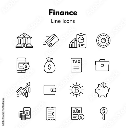 Finance Icons: Streamlined collection of line icons, representing banking, investment, and financial concepts, perfect for business, financial, and economic themes.