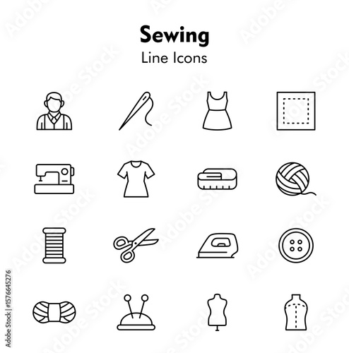 Sewing Icon Set: A minimalist illustration of sewing icons, perfect for educational content, websites, and design projects, focusing on essential tools and concepts.