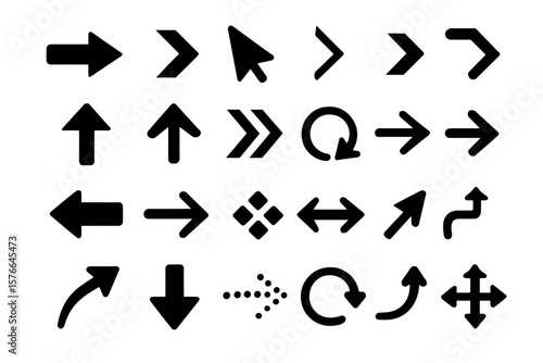 Black vector arrows collection. Big set of different arrow icons. Simple modern flat style for web design, mobile app or UI UX interface. Cursor and pointer symbols.