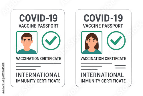 Covid-19 vaccine passport for international travel. Vector illustration of an immunity certificate or health pass document with male and female avatars. Vaccination concept.