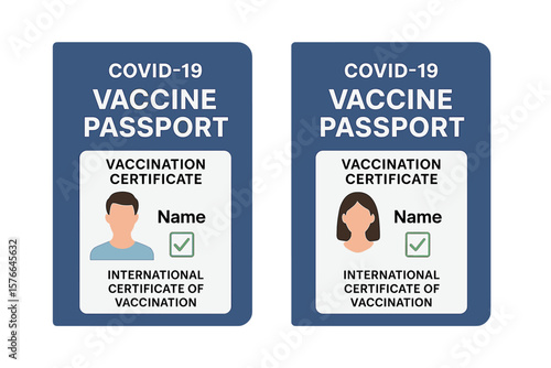 Covid-19 vaccine passport for safe travel during pandemic. International certificate of vaccination vector. Health pass document for immunity proof. Man and woman avatar.
