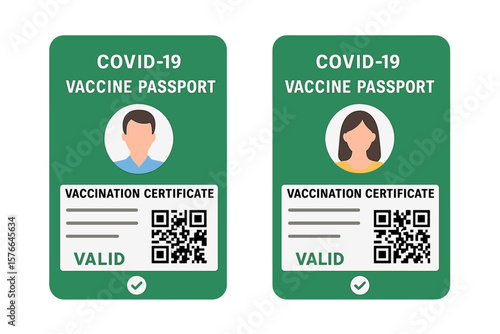 Covid-19 vaccine passport for travel. Vaccination certificate concept. Health pass with QR code for man and woman. Vector illustration for pandemic and immunity proof.