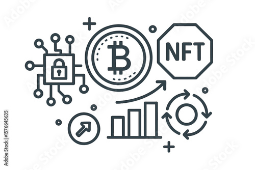 Cryptocurrency and decentralized finance concept. Bitcoin coin, NFT token, and encryption security icon. Blockchain technology for digital asset investment and growth vector.