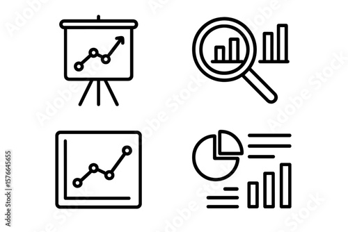 Data analysis icon set. Analytics and statistics symbols. Business report, marketing research, presentation chart, graph sign. Finance diagram, infographic element vector.