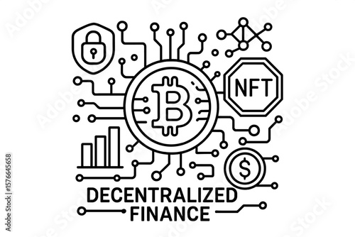 Cryptocurrency concept illustration. Bitcoin, NFT, and DeFi. Decentralized finance technology. Blockchain network security. Digital money token and crypto investment growth.