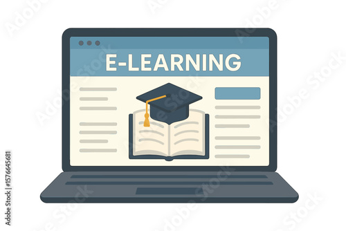 E-learning concept with laptop screen. Online education, distance learning, and web courses. Graduation cap on book icon symbolizes knowledge, university degree, and success.
