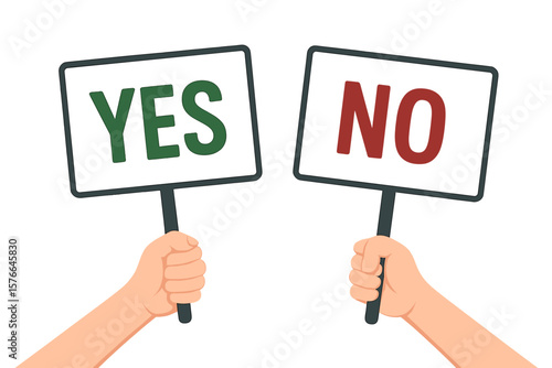 Human hands holding Yes and No banners, affirmative and negative decision signs, concept of choice, agreement and disagreement, approval and refusal, business communication symbols