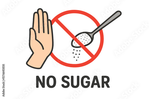No Sugar Concept. Stop Sugar Consumption. Hand Refusing Spoon with Sugar. Sugar Free Symbol. Healthy Lifestyle Choice. Ban on Sweets. Harmful Product Warning. Vector Illustration