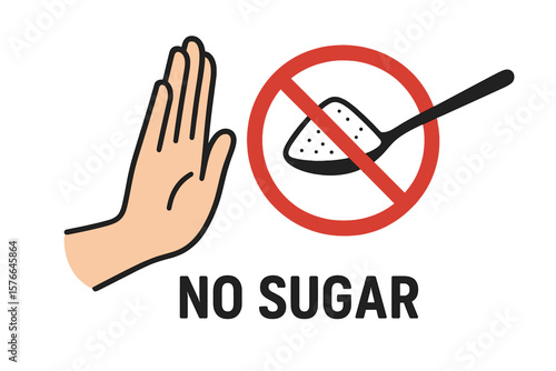 Stop Sugar Consumption Concept. Hand Refuses Sugar. No Sugar, Sugar Free, Ban on Sweets, Healthy Lifestyle, Harmful Product, Red Prohibition Sign, Spoon with Sugar, Vector Illustration