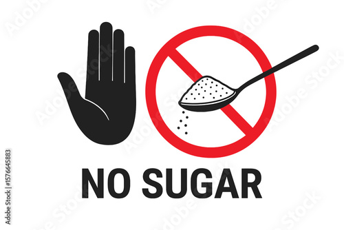 Stop Sugar Consumption Symbol. Hand Refuses Spoonful of Sugar. No Sugar, Sugar-Free, Healthy Lifestyle, Ban on Sweets, Harmful Product, Diet Concept, Vector Illustration