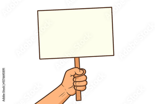 Protest Hand Holding Blank Sign. Demonstration Placard. Political Rally. Activist Fist with Empty Banner. Social Movement. Street Protest. Revolution. Billboard Poster. Human Rights Concept.