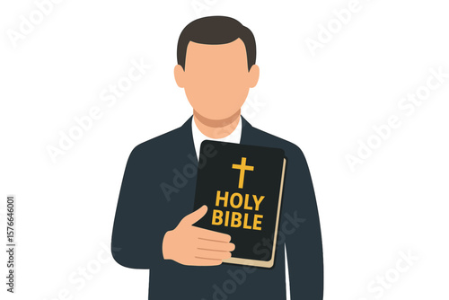 Christian Man Holding Holy Bible in Hand. Religious Leader, Pastor, or Believer with Sacred Scripture. Faith, Worship, Religion, Christianity, Gospel, Spiritual Guidance, Vector Illustration