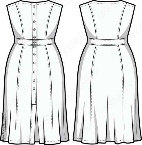 Women's Sleeveless Peter Pan Collar Dress CAD Drawing Flat Vector Fashion Illustration with Button Front.