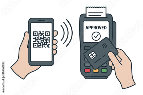Mobile payment and banking concept. Contactless credit card transaction, NFC technology, QR code scan, POS terminal, digital wallet, smartphone payment approved, cashless purchase