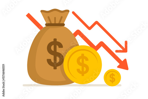 Financial Loss, Money Bag and Coins with Downward Arrow, Economic Decline, Cost Reduction, Business Crisis, Decreasing Profits, Budget Cuts, Investment Loss, Recession Concept