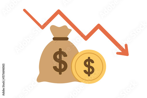 Financial Loss, Declining Profits, Money Bag and Coin with Downward Arrow, Economic Crisis, Cost Reduction, Budget Cuts, Business Loss, Decreasing Cash Flow, Investment Risk, Recession Concept