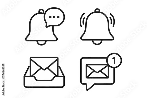 Notification Bell Icon Set. Alert Symbol. Message Notification. Inbox Email Icon. New Message Alert. Communication Notification. Vector Illustration Isolated on Transparent Background.