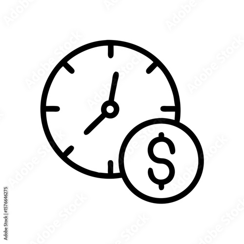 Simple Outline Time is Money Symbol with Clock and Dollar Coin Icon