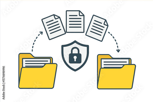 Secure file transfer and data exchange concept. Encrypted document sharing between folders. Protected file transmission, remote loading, cyber security, privacy, information protection