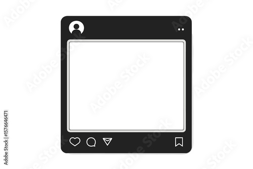 Social Media Photo Frame Vector Template. Modern Black User Interface Mockup. Blank Instagram Post Layout. Social Network App Design. Isolated Transparent Background. Digital UI Icon.