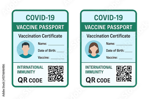 Covid-19 vaccine passport vector. Vaccination certificate for international travel. Health pass with QR code. Immunity proof document for man and woman. Digital concept.