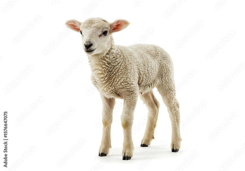 Fototapeta premium A cute little lamb standing isolated on white background