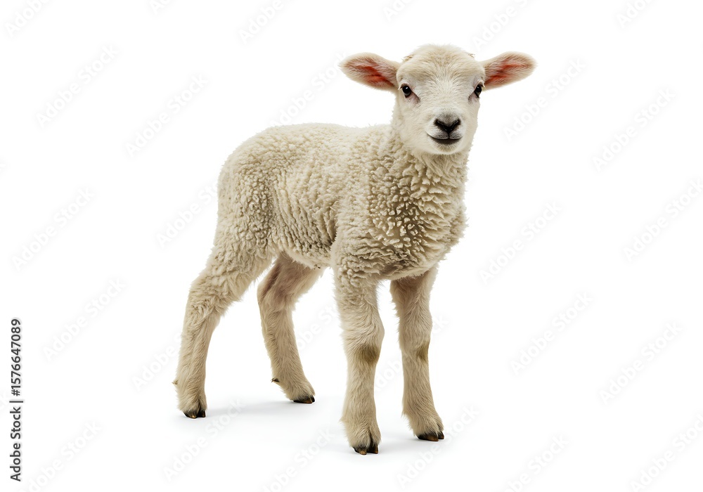 Fototapeta premium A cute little lamb standing isolated on white background