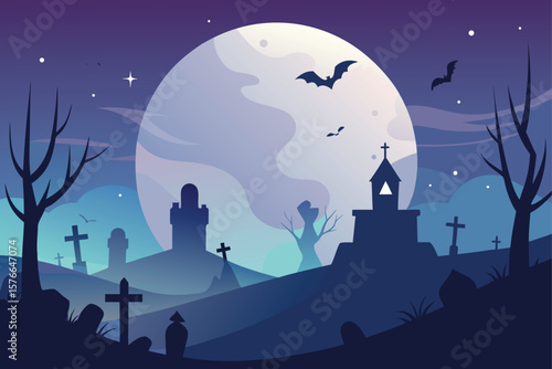  graveyard under halloween night sky with fog and .eps