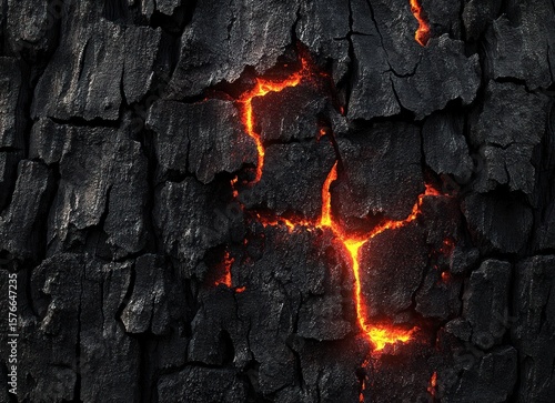 Close-up of cracked black burnt wood revealing glowing red-orange embers beneath the surface