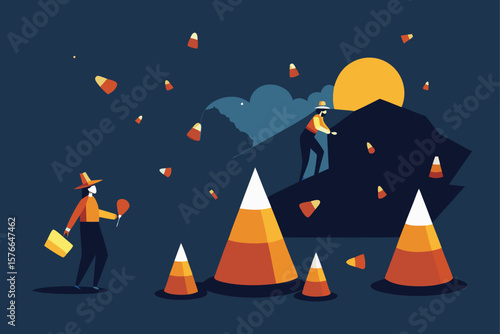  halloween candy corn raining from sky onto costum.eps