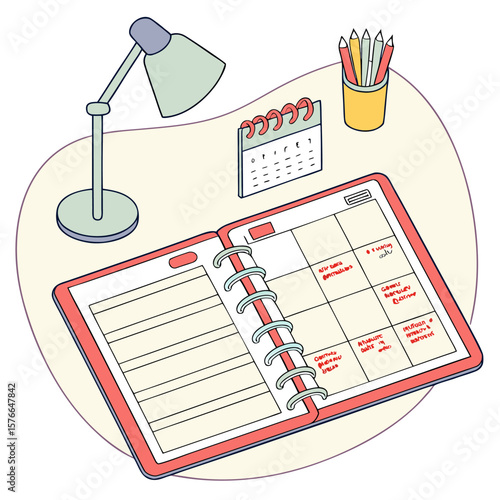 Illustration of a desk setup with an open planner, lamp, calendar, and pencils in a holder on a table