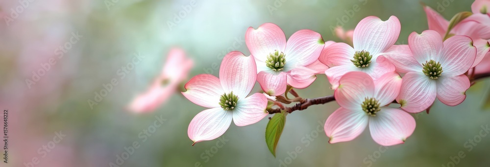 Fototapeta premium Close-up view of delicate light pink dogwood flowers in full bloom on a branch with soft green and pink blurred background evoking tranquility and natural beauty
