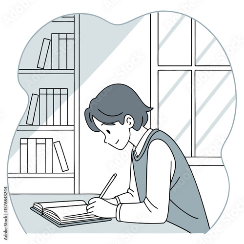 A young student with short hair diligently studies at a desk with an open book and pencil surrounded by bookshelves and a window