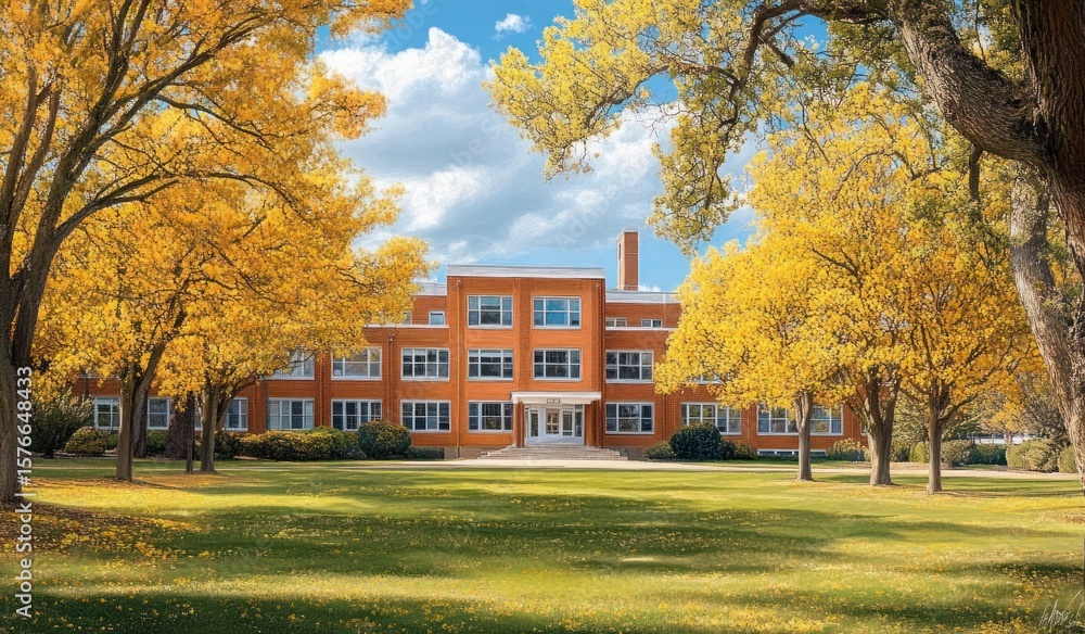 Naklejka premium Red brick institutional building framed by lush green lawn and golden autumn trees under blue sky with white clouds