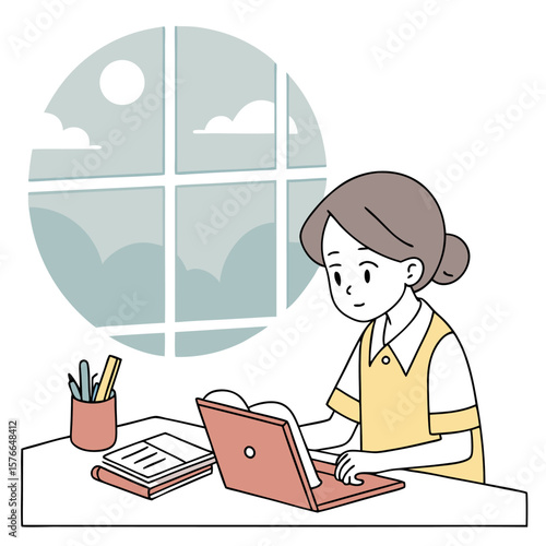 A young woman sits at a desk engrossed in her laptop and reading a book with a view of a cloudy sky through a circular window