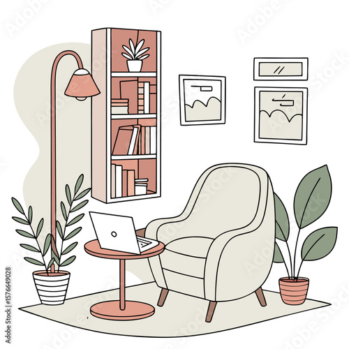 Cozy minimalist living room scene with a comfortable armchair a small side table holding a laptop a floor lamp a bookshelf filled with books and plants and framed art on the wall
