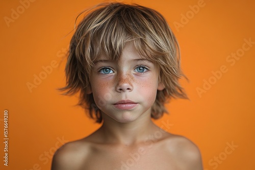 serious young boy with tousled blonde hair and freckles staring directly with blue eyes against bright orange background