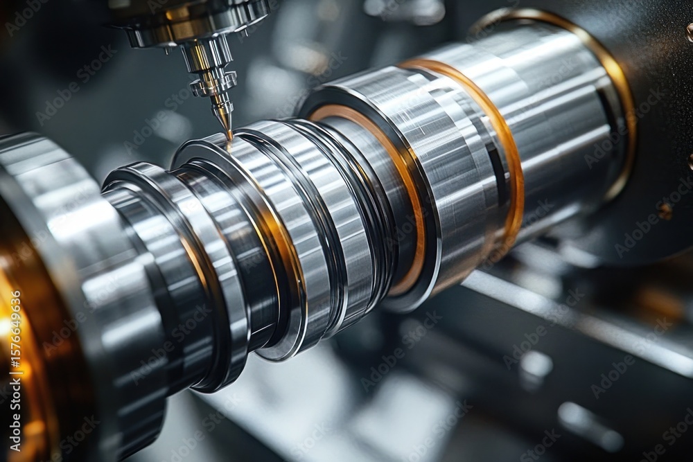 Fototapeta premium Close-up of a CNC machine precisely milling shiny metallic cylindrical parts with sharp tool in a high-tech industrial environment.