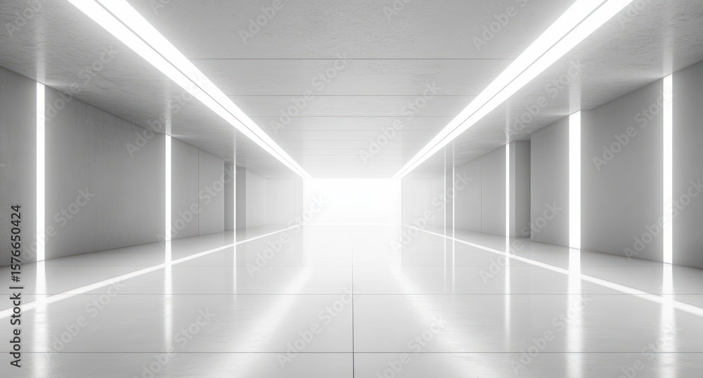 Fototapeta premium Empty futuristic white hallway with glossy tiled floor and vertical light strips creating a tunnel effect leading to bright glowing exit