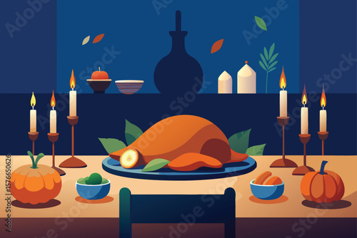  roast turkey surrounded by fall produce and candl.eps