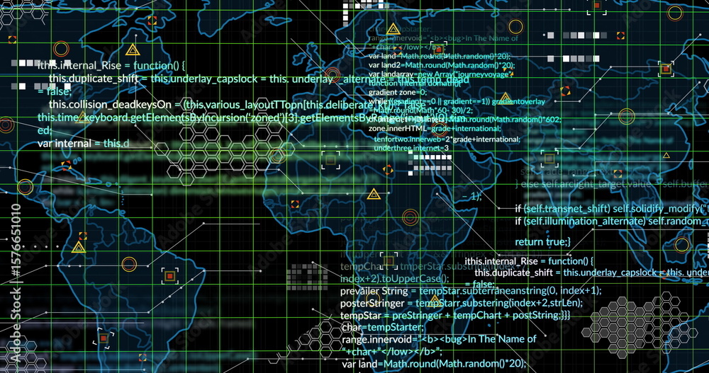 Obraz premium Displaying neon-blue world map outline scanning on dashboard, with code snippets warning icons