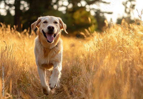 Fototapeta Naklejka Na Ścianę i Meble -  happy light brown dog running through a golden field during sunset with trees blurred in the background