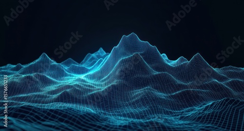 Glowing blue digital wireframe mountain range with peaks and valleys on a dark background, representing futuristic 3D data landscape visualization
